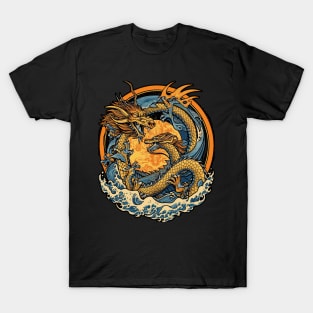 Vintage Japanese Dragon Sun Tattoo Design T-Shirt